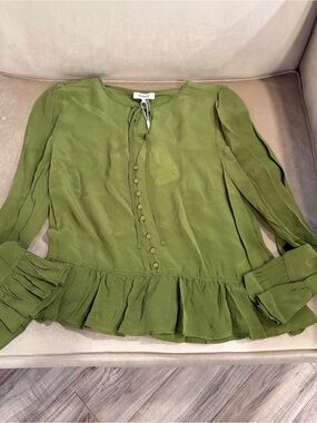 Parker Olive Tie-Neck Ruffle Hem Blouse